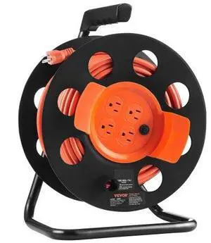 VEVOR Extension Cord Reel, 100FT, with 4 Outlets and Dust Cover, Heavy Duty 12AWG SJTOW Power Cord, Manual Cord Reel with Portable Handle Circuit Breaker, for Toolshed Garage, Tested to UL Standards