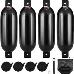 VEVOR Boat Fenders, 6.5" x 23" Boat Bumpers for Docking, Inflatable Ribbed Fender with Center Holes, Marine Boat Dock Fender Bumper with Air Pump, 4 Needles and 4 Ropes and Storage Bag, Black