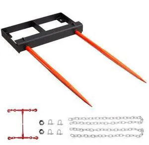 VEVOR 49" Hay Spear, Bale Spears 3000lbs Loading Capacity, Skid Steer Loader Tractor Bucket Attachment with 2pcs 17.5" Stabilizer Spears and 60" Chain, Quick Attach Spike Forks