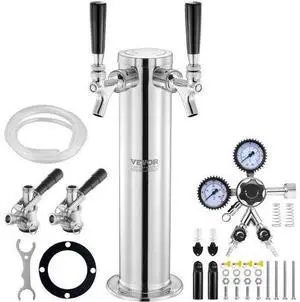 VEVOR Kegerator Tower Kit, Dual Taps Beer Conversion Kit, Stainless Steel Keg Beer Tower Dispenser with Dual Gauge CGA320 Regulator & D-System Keg Coupler, Self-Closing Spring for Party Bar Home