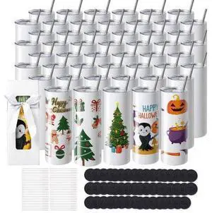 VEVOR 50 Pack Sublimation Tumblers 20oz Skinny Straight, Stainless Steel Sublimation Tumblers Blank, Stainless Steel Double Wall Tumbler for Heat Transfer Customized Gifts with Lid and Straw, Gift Box