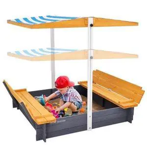 VEVOR Wooden Sandbox with Canopy, 57.3 x 47.2 x 47.2 in Sand Box, Sand Pit with Foldable Bench Seats and Bottom Liner, Natural Wood Kids Sandbox for Outdoor Backyard, Beach, Park, Gift for Ages 3-12