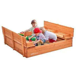 VEVOR Wooden Sandbox, 52.4 x 47.2 x 16.9 in Sand Box, Sand Pit with Foldable Bench Seats and Bottom Liner, Natural Wood Kids Sandbox for Outdoor Backyard, Beach, Park, Gift for Boys Girls Ages 3-12