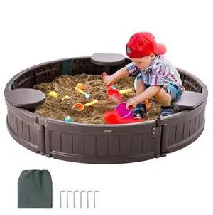 VEVOR Sandbox with Cover, 47.2 x 9.1 in Round Sand Box, HDPE Sand Pit with 3 Corner Seating and Bottom Liner, Kids Sandbox for Outdoor Backyard, Beach, Park, Gift for Boys Girls Ages 3-12, Brown