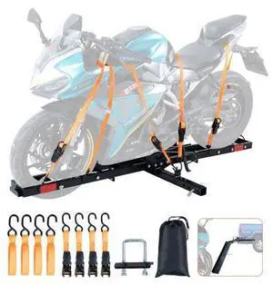 VEVOR Motorcycle Carrier, 600 LBS Steel Motorcycle Carrier Hitch Mount with Loading Ramp, Scooter Dirt Bike Trailer Hauler with Ratchet Straps and Stabilizer, for Car, Truck with 2" Hitch Receiver