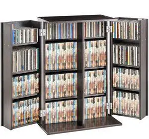 VEVOR Media Storage Cabinet, 4-Layer DVD Shelf Holds 576 CDs, Adjustable CD Shelves 16 Compartments, Protects & Organizes Music, Movie, Video Games or Memorabilia Collections, Nut-brown