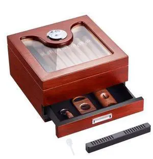 VEVOR 35 Cigar Humidor Glasstop Cedar Cigar Box Humidifier & Hygrometer & Drawer