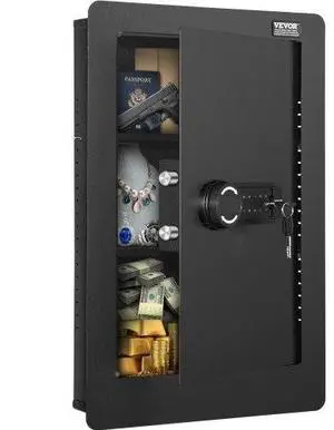 VEVOR 25.59" High Concealed Wall Safe, Keypad Access 3-Level Security Safe, Includes 3 Adjustable Shelves & 6 Hooks, Made of Durable Q235 Steel, Features LED Lighting & Alert System for Valuables