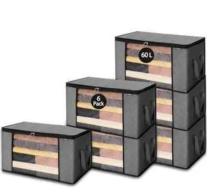 VEVOR 6 Packs 60L Oversized Blanket Storage Bags Sturdy Fabric Clothes Storage Containers for King Comforter Bedding Pillow Sheet, Grey