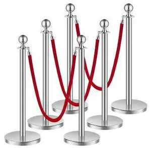 VEVOR Stanchions and Velvet Ropes 6Pcs, Hollow Base with Stainless Steel Post, 3 Red Velvet Ropes and Posts, Crowd Control Barriers Silver Stanchions, Red Carpet Runner Poles for Party Supplies