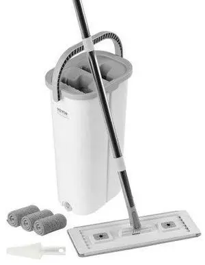 VEVOR Mop and Bucket with Wringer Set, Wet & Dry Use, Flat Mop and Bucket System with 3 Washable Microfiber Pads, Flat Mop with Stainless Steel Handle, Mop Bucket Set for Hardwood Tile Vinyl