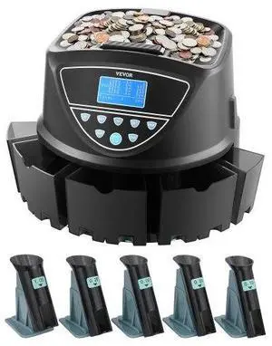 VEVOR Upgraded Coin Counter & Sorter, Coin Sorter and Wrapper Machine with Intuitive Display, Change Counter for USD Coins 1 5 10 25 $1, Sorts up to 300 Coins/Min, with 5 Coin Tubes and 5 Trays