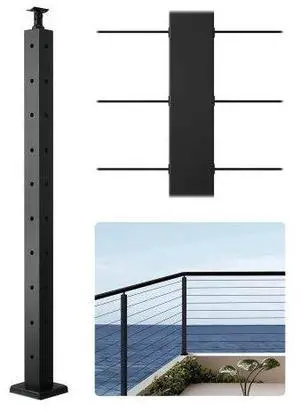 VEVOR Cable Railing Post, 36x2x2 Inch Corner Railing Post, with L-Shaped Pre-Drilled Holes, Stainless Steel Cable Rail Post with Horizontal and Curved Bracket, 1-Pack, Black, 1JZLGZXHS914ZPBNY001V0