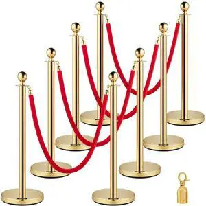 VEVOR Crowd Control Stanchion Stanchion Set 8 Pieces with Red Velvet Rope-Gold