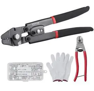 VEVOR Wire Rope Crimping Tool and Cutter Up To 2.2mm Wire Cable Crimps, 1/64" - 3/32" Crimping Loop Sleeve Kit and 160pcs Aluminum Buckles, Fishing Crimping Tool Wire Rope Thimbles Kit