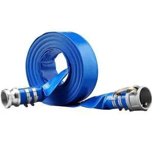 VEVOR Backwash Hose, 2 in x 50 ft, Heavy-Duty PVC Flat Pool Discharge Hose with Aluminum Camlock C & E Fittings, Clamps, Compatible with Pumps, Sand Filters, for Swimming Pools Waste Water Drain, Blue