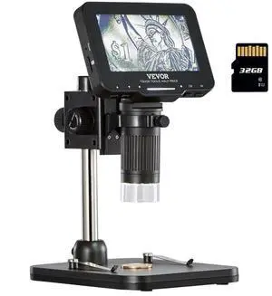 VEVOR Digital Microscope, 4.3 IPS Screen, 50X-1000X Magnification, 1080P Photo/Video Coin Microscope, Electronic Microscope with 8 LED Lights and 32GB Card,Compatible with Windows/Mac OS