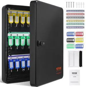 VEVOR 48-Key Cabinet, Key Safe with Combination & Key Lock, Digital Security Storage Box Steel Key Organizer with Adjustable Racks, 48 pcs Colorful Key Tags and A Record Card for School, Office, Hotel