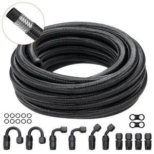 VEVOR 8AN Fuel Line Kit, 20 FT Fuel Hose Kit, 0.43" Nylon Stainless Steel Braided Fuel Line Oil/Gas/Diesel Hose End Fitting Kit, with 12 PCS Swivel Fitting Adapter Kit, Black