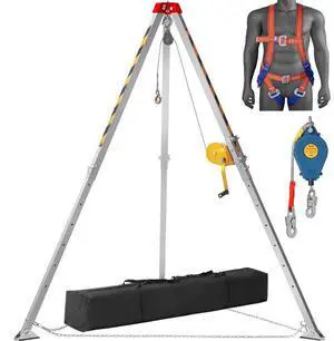 VEVOR Confined Space Tripod Kit, Confined Space Tripod 7' Legs and 98' Cable, Confined Space Rescue Tripod 32.8' Fall Protection, 1200 lbs Winch, Harness, Storage Bag