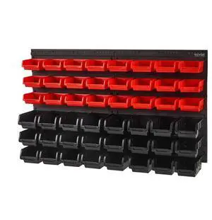 VEVOR Wall Mounted Storage Bins, 48-Bin Parts Rack Organizer Garage Plastic Shop Tool with Wall Panels, Tool Organizer for Nuts, Bolts, Screws, Nails, Beads, Buttons, Other Small Parts, Black and Red