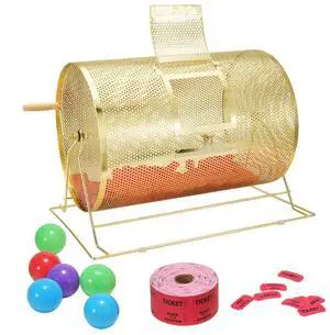 VEVOR Raffle Drum,Holds 10000 Tickets or 300 Ping Pong Balls, Metal Lottery Spinning Drawing with Wooden Turning Handle, 14.8 x Ø21.26 inch Brass Plated Raffle Ticket Spinning Cage, for Bingo Ballot