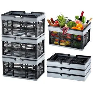 VEVOR Collapsible Shopping Basket, 3 Pack, 25L Plastic Foldable Storage Crate with Handle, Grocery Fruit Vegetable Shopping Basket Folding Storage Container for Supermarket Retail Shopping, Black