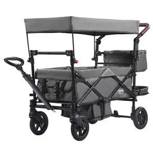 VEVOR Wagon Stroller for 2 Kids, Push Pull Quad Collapsible Stroller with Adjustable Handle, Encircling Harness Removable Canopy, 4 Wheels w/ Brakes, Mutifunction Tandem Stroller for Camping Dark Grey