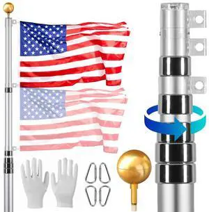 VEVOR 30FT Telescoping Flag pole Kit, Heavy Duty Aluminum Alloy in Ground Flag Poles for Outside, 3 Display Modes Flagpole with 3x5 American Flag, Professional Accessories, Silver