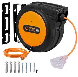 VEVOR Retractable Extension Cord Reel Power Cord Reel 80FT 12AWG/3C SJTOW