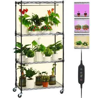 VEVOR Plant Stand with Grow Light, 4-Tier Plant Shelf with 45W Full Spectrum Grow Light, 3 Mode Plant Light with Timer and Wheel for Seed Starting, Metal Grow Light Shelf for Indoor Plants