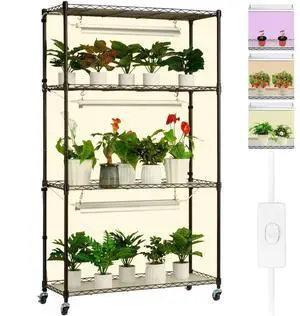 VEVOR Plant Stand with Grow Light, 4 Tier Plant Shelf with 90W Grow Light for Indoor Plants, 3 Modes Grow Light Shelf Full Spectrum Lights Adjustable Metal Plant Stand for Seed Starting