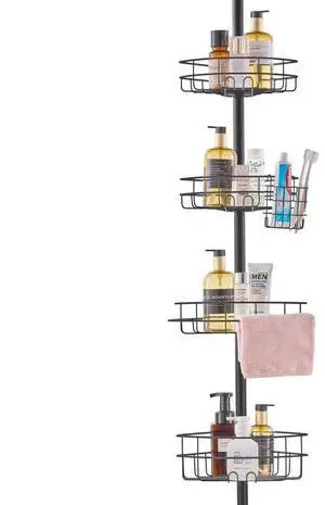 VEVOR Shower Corner Caddy Tension Pole, 56" to 114" High, Multi-Functional Shower Tension Pole with Strong Load-Bearing Tray, Rust-Proof Easy-to-Install Tension Pole, Fit for Bathroom & Washroom
