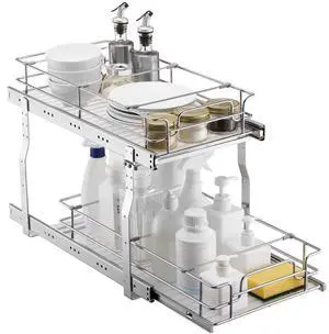 2-Tier 12"Wx21"Dx15"H Wire Pull Out Cabinet Under Sink Organizer Drawer Basket, 13.5"Wx22"Dx18"H Install Size for Cabinet