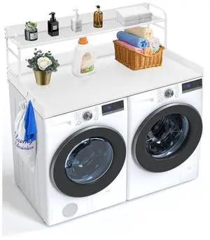 Washer Dryer Countertop for the Top, Wood Washer Dryer Topper with 2-Tier Shelf Universal Fit, Laundry Countertop with Edge Rails, 54" Width x 27" Depth Laundry Counter Storage Organization, White