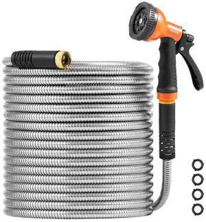 VEVOR Metal Garden Hose 200 ft, Rust Proof Stainless Steel Water Hose, Heavy Duty Backyard Hose with 10 Function Nozzle, No-Kink & Flexible Water Pipe, Lightweight Metal Hose for Yard, Outdoor