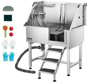 38" Dog Grooming Bath Tub Stainless Steel w/ Stairs Faucet Showerhead