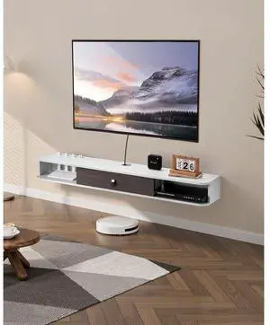 VEVOR Floating TV Stand, 55 in Wall Mount Entertainment Center with Cable Hole, Modern Floating TV Shelf with Storage Cabinet, Particle Board Console for DVD Player, Cable Box, Game Console, White