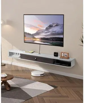 VEVOR Floating TV Stand, 70 in Wall Mount Entertainment Center with Cable Hole, Modern Floating TV Shelf with Storage Cabinet, Particle Board Console for DVD Player, Cable Box, Game Console, White
