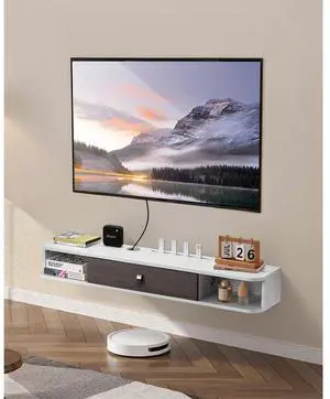 VEVOR Floating TV Stand, 47 in Wall Mount Entertainment Center with Cable Hole, Modern Floating TV Shelf with Storage Cabinet, Particle Board Console for DVD Player, Cable Box, Game Console, White