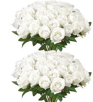 60 Pcs White Roses Artificial Flowers Realistic Bouquet for Xmas Home Decor