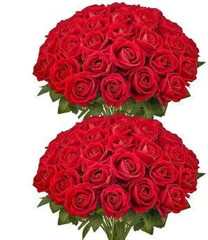 60 Pcs Red Roses Artificial Flowers Realistic Bouquet for Xmas Home Decor