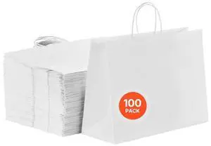 Kraft Paper Bag with Handles 100Pcs 16x6x12 in Party Shopping Retail Bag White