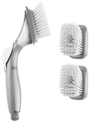 VEVOR Soap Dispensing Dish Brush, Kitchen Scrub Brushes with 3 Brush Heads, Dish Cleaning Brushes with PP Handle and Curved Bristles, Ideal for Pots, Pans, Sink and Stove