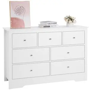 VEVOR 7 Drawer Dresser, Wooden Chest of Drawers with Sliding with Anti-tip Device, Modern Minimalist Dresser Chest, Closet Storage Organizer for Living Room, Hallway, Bedroom, Entryway, White