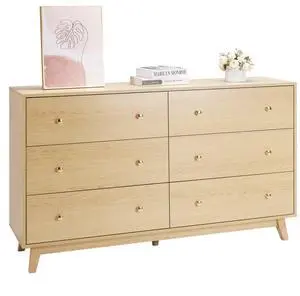 VEVOR 6 Drawer Dresser, Wooden Chest of Drawers with Sliding with Anti-tip Device, Modern Minimalist Dresser Chest, Closet Storage Organizer for Living Room, Hallway, Bedroom, Entryway, Light Wood