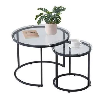 VEVOR Nesting Coffee Table Set of 2, 23.6 in Round Coffee Table, Glass Nesting Tables for Small Place, Modern End Side Tables Night Stand with Metal Frame, for Living Room, Bedroom, Balcony, Office