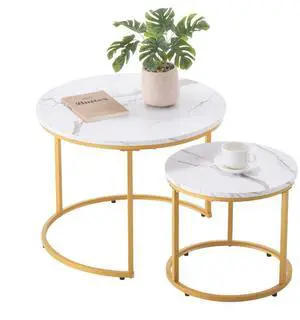 VEVOR Nesting Coffee Table Set of 2, 23.6 in Round Coffee Table, Nesting Tables for Small Place, Vintage End Side Tables Night Stand with Metal Frame, for Living Room, Bedroom, Office (White & Gold)