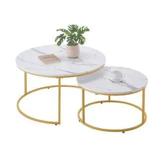 VEVOR Nesting Coffee Table Set of 2, 31.5 in Round Coffee Table, Nesting Tables for Small Place, Vintage End Side Tables Night Stand with Metal Frame, for Living Room, Bedroom, Office (White & Gold)
