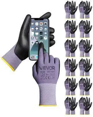VEVOR Work Gloves 12-Pair Touch Screen Nitrile-Coated Garden Construction Gloves